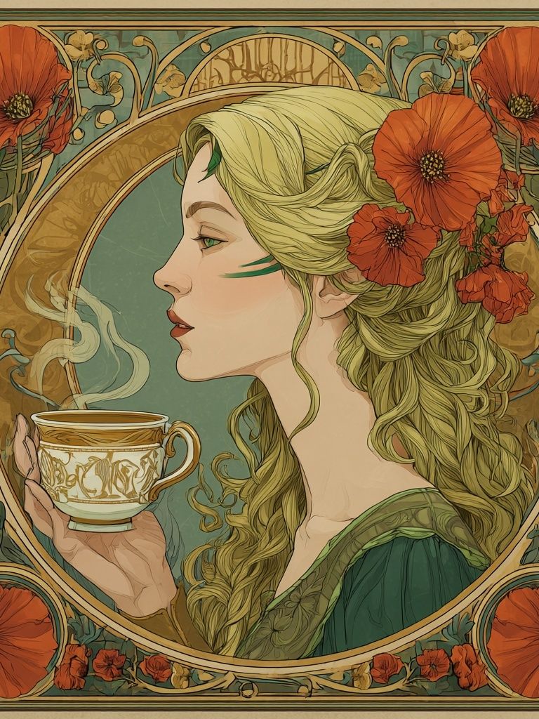 Elegant Woman with Tea — Art Nouveau Print. poster — illustration art