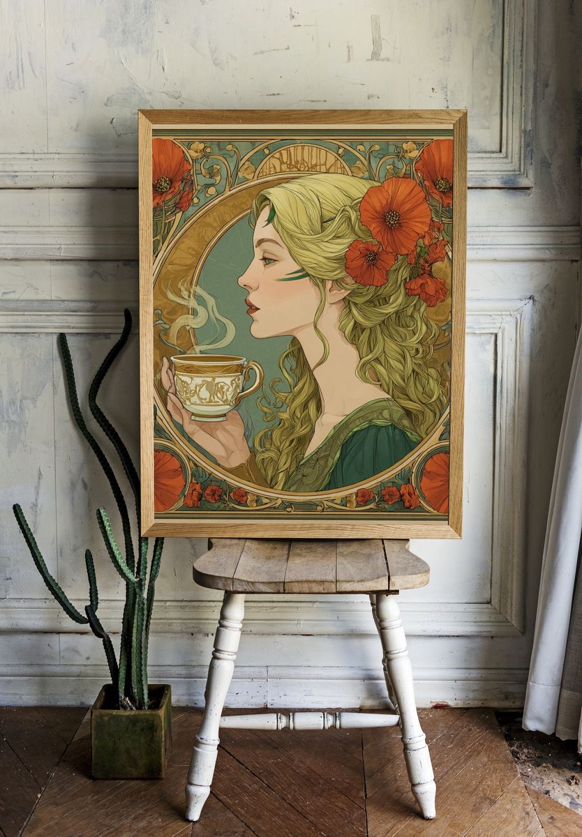 Elegant Woman with Tea — Art Nouveau Print. — room view 1