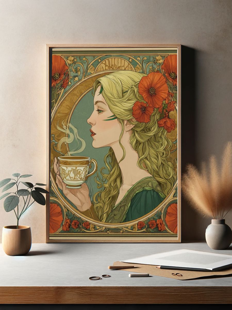 Elegant Woman with Tea — Art Nouveau Print. — room view 2