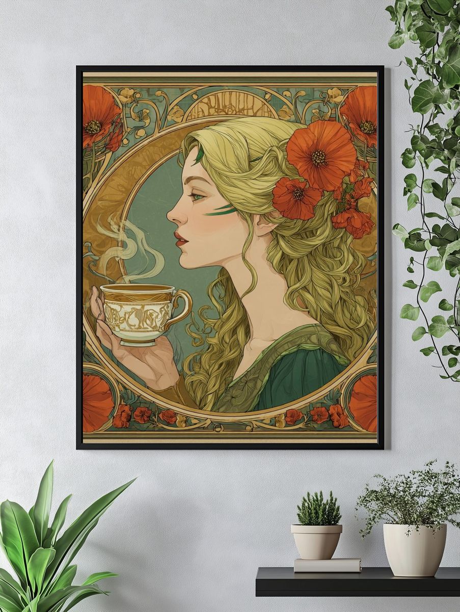 Elegant Woman with Tea — Art Nouveau Print. — room view 4