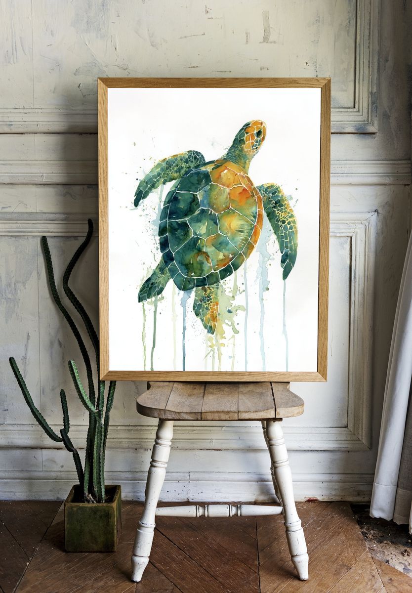 Sea Turtle Watercolor Poster. — room view 1