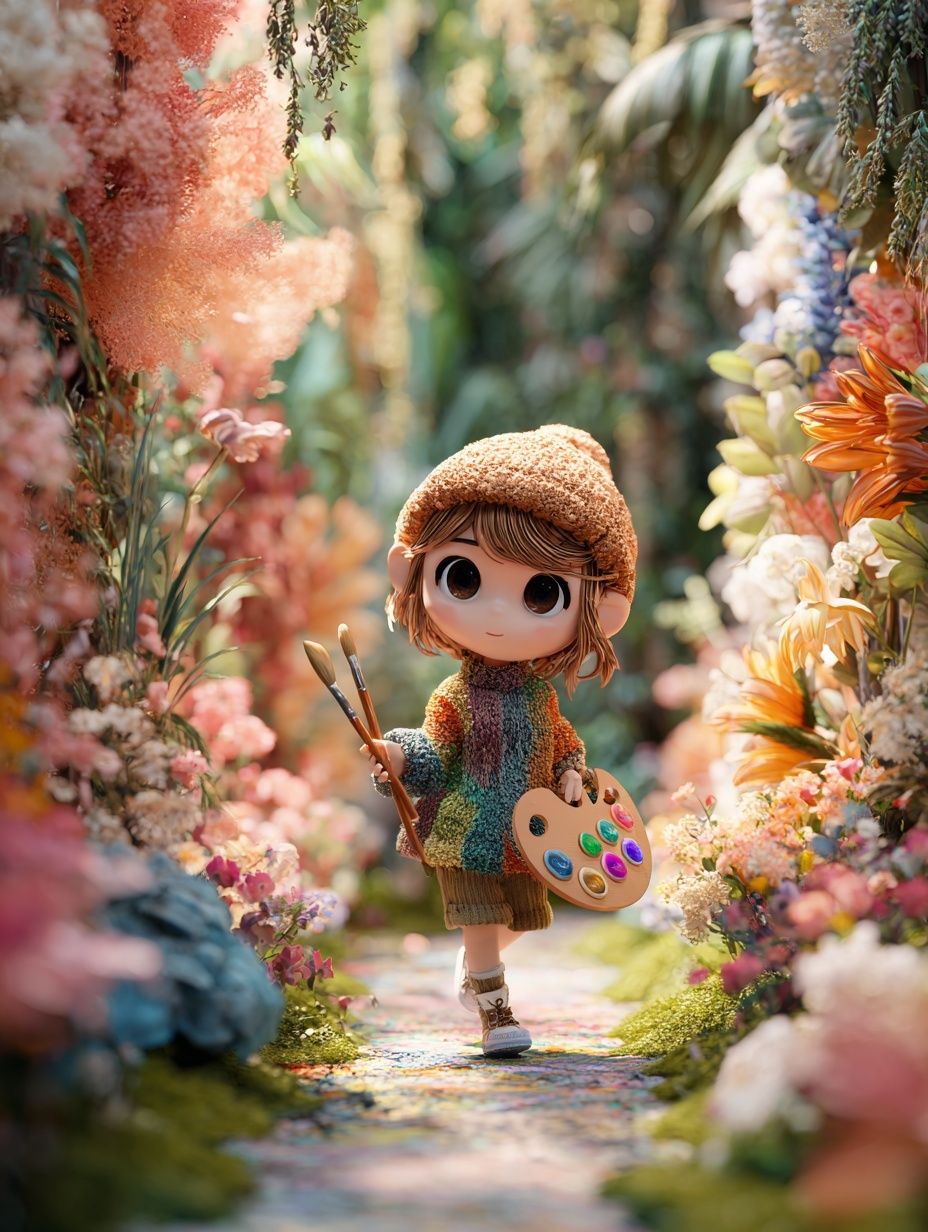 Whimsical Artist in Floral Pathway Poster. poster detail