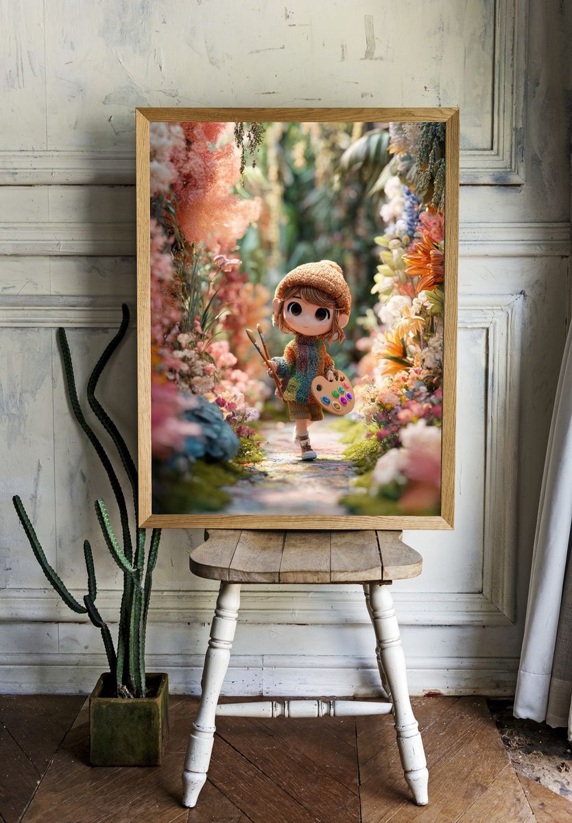 Whimsical Artist in Floral Pathway Poster. — room view 1