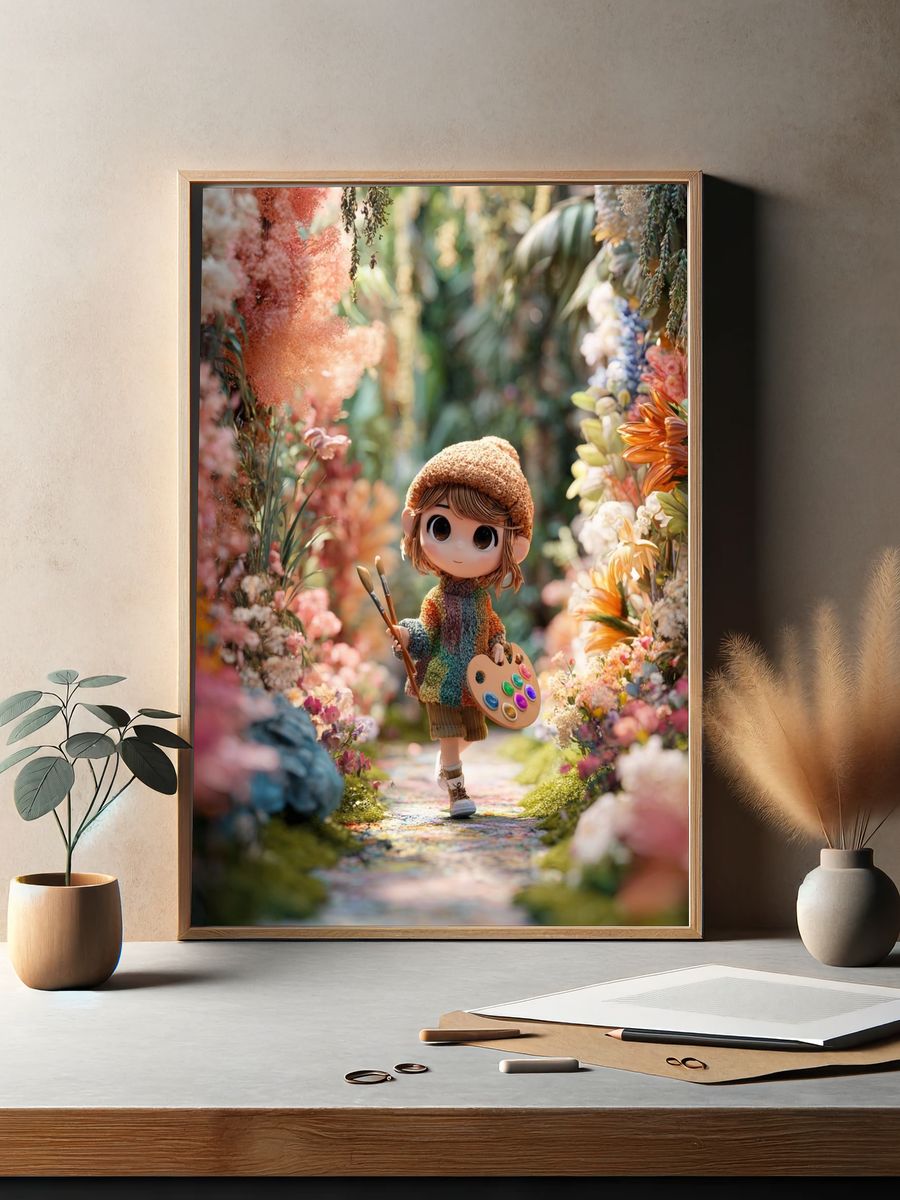 Whimsical Artist in Floral Pathway Poster. — room view 2