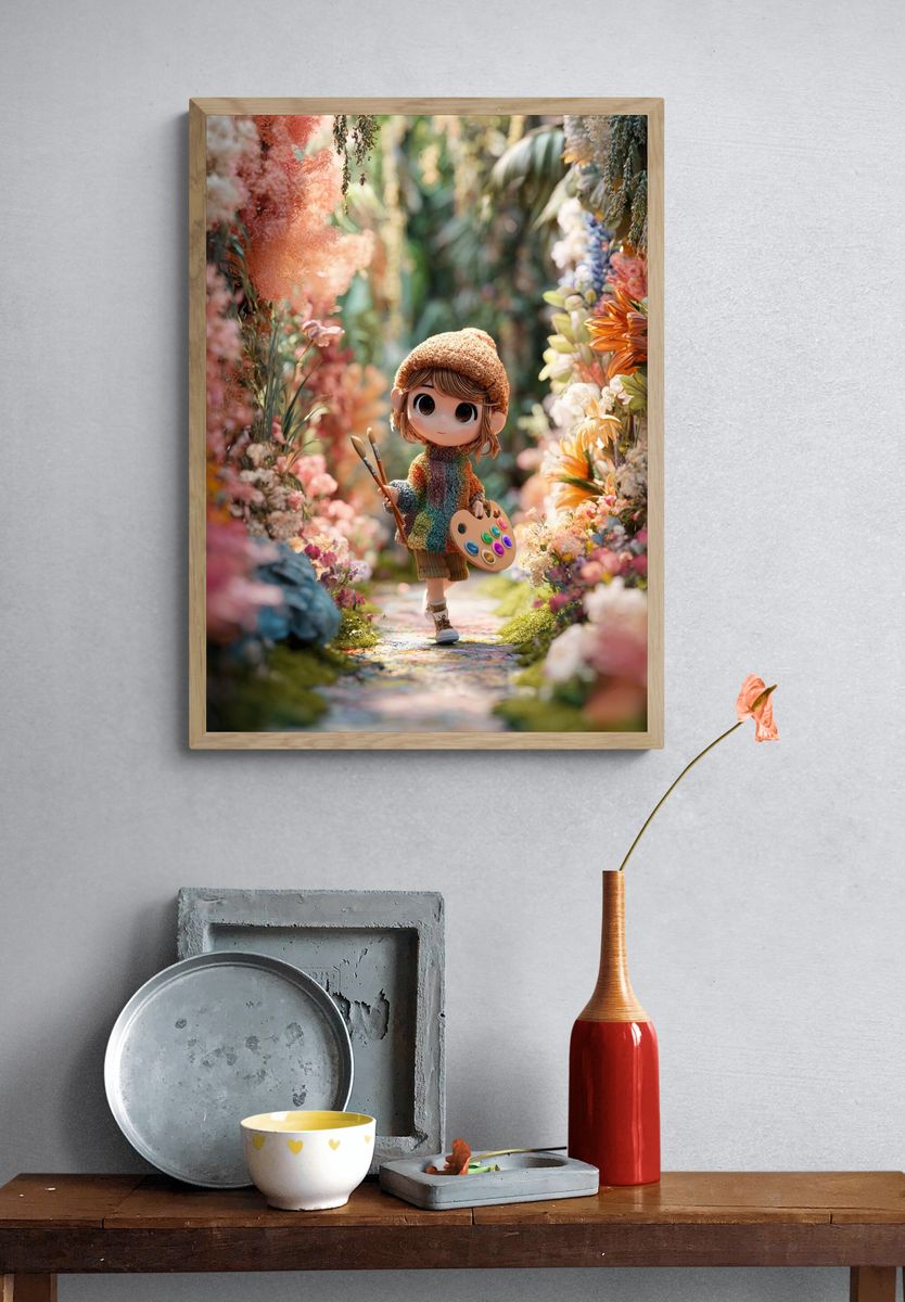 Whimsical Artist in Floral Pathway Poster. — room view 3