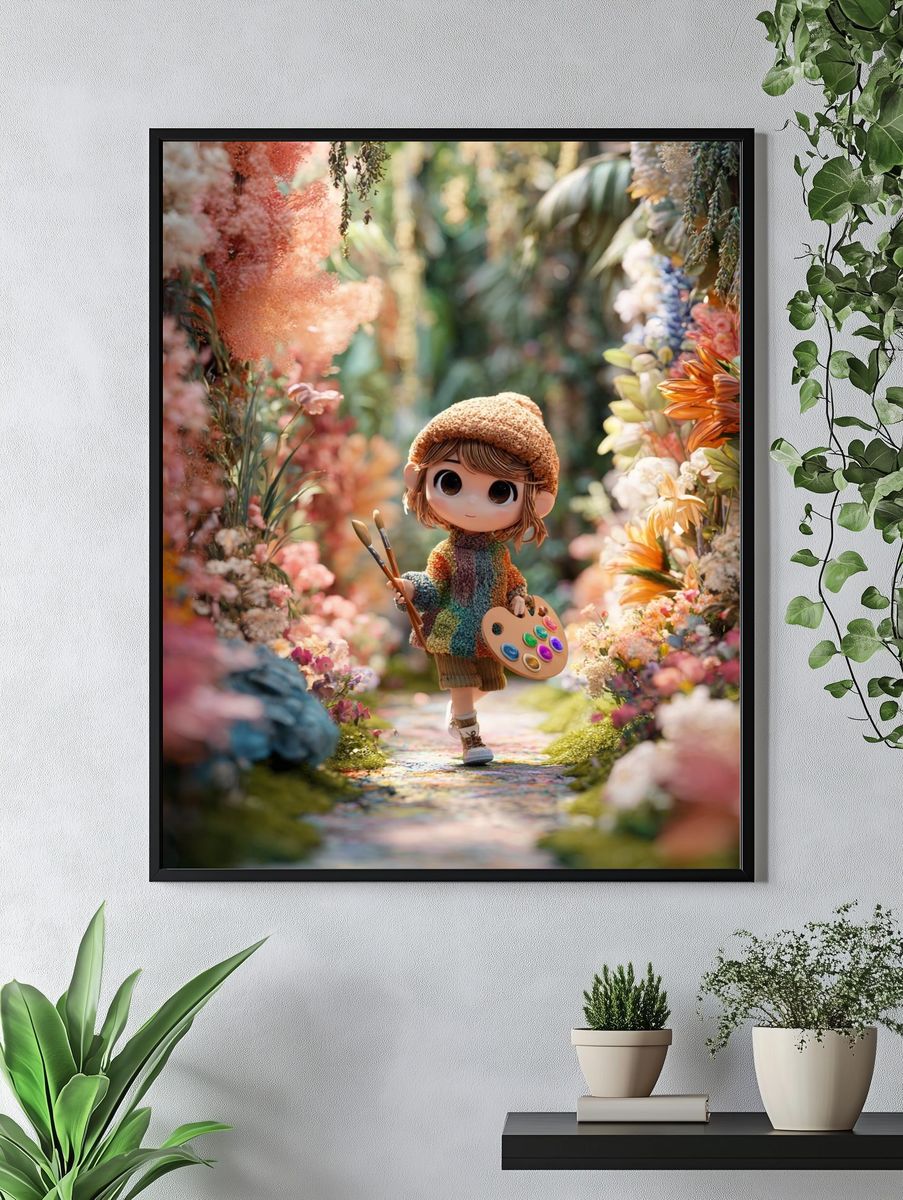 Whimsical Artist in Floral Pathway Poster. — room view 4