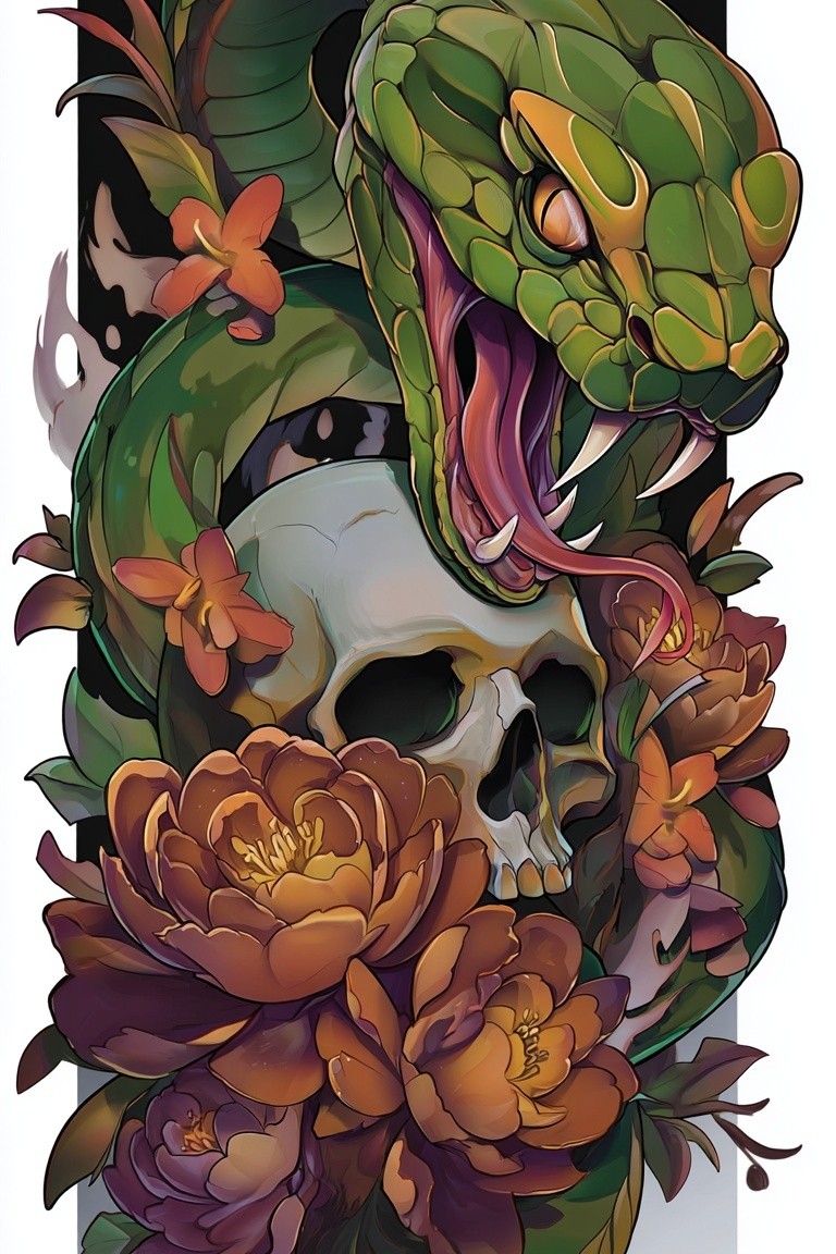 Green Snake and Skull — Digital Art Print. poster — illustration art