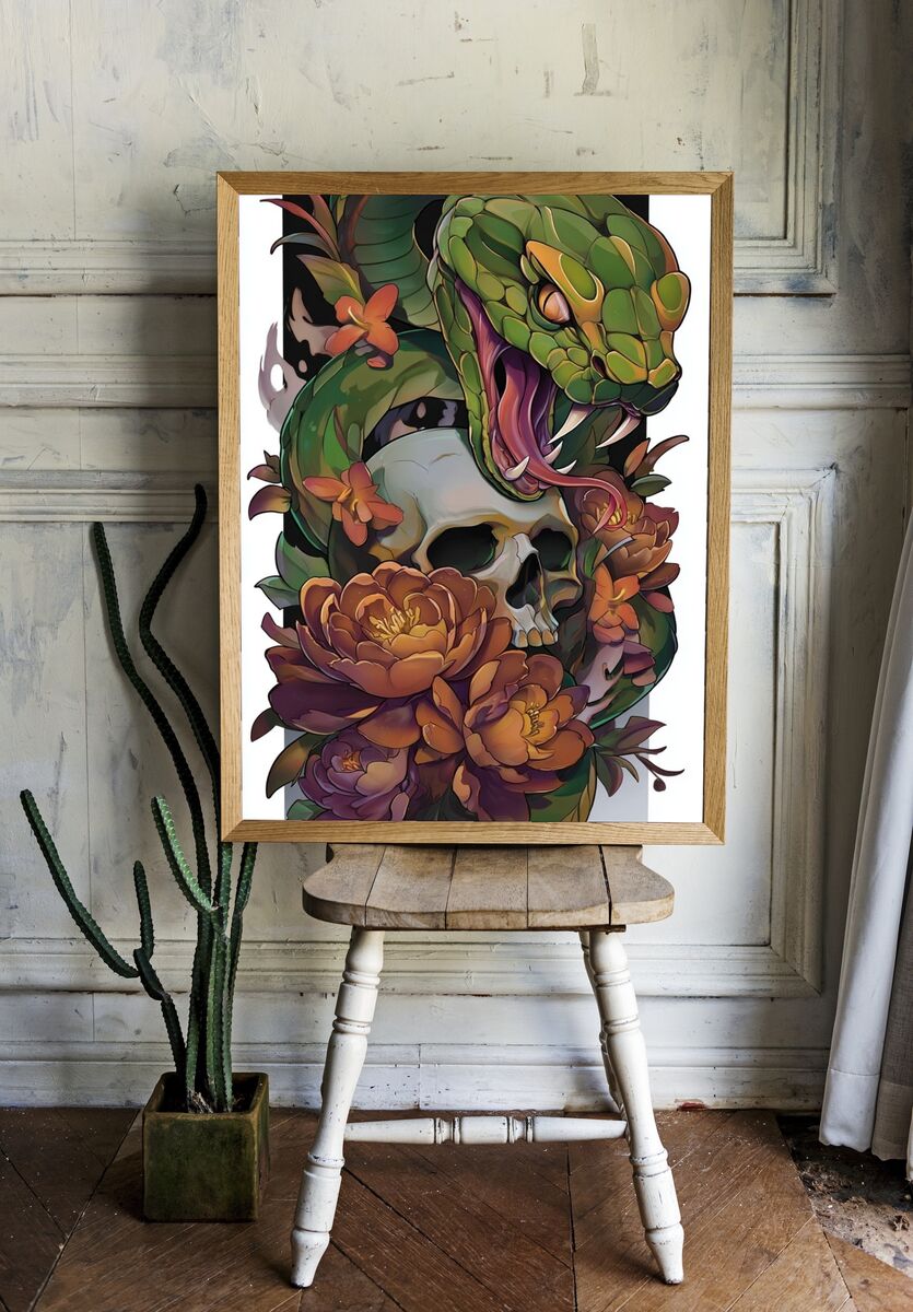 Green Snake and Skull — Digital Art Print. — room view 1