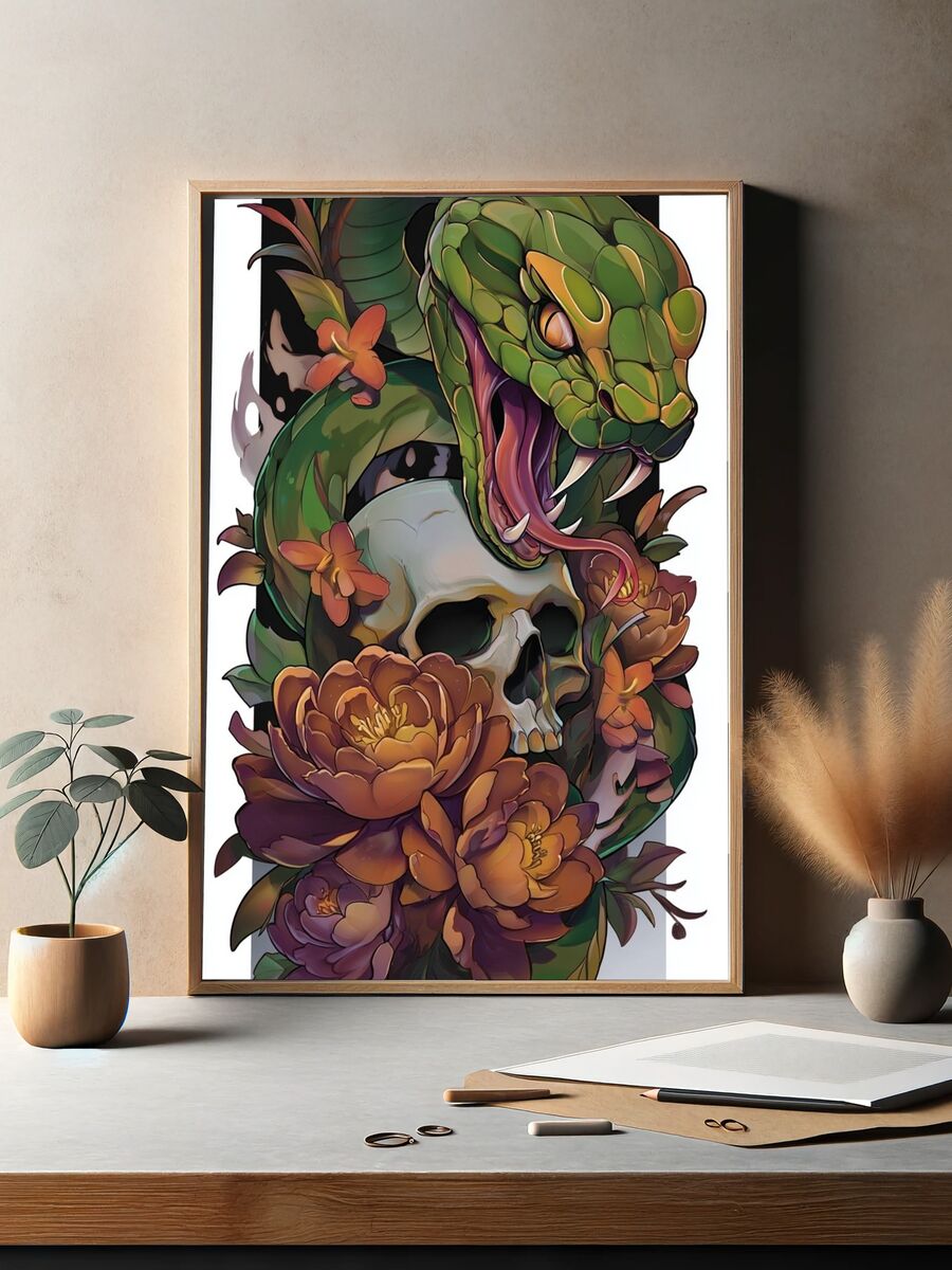 Green Snake and Skull — Digital Art Print. — room view 2