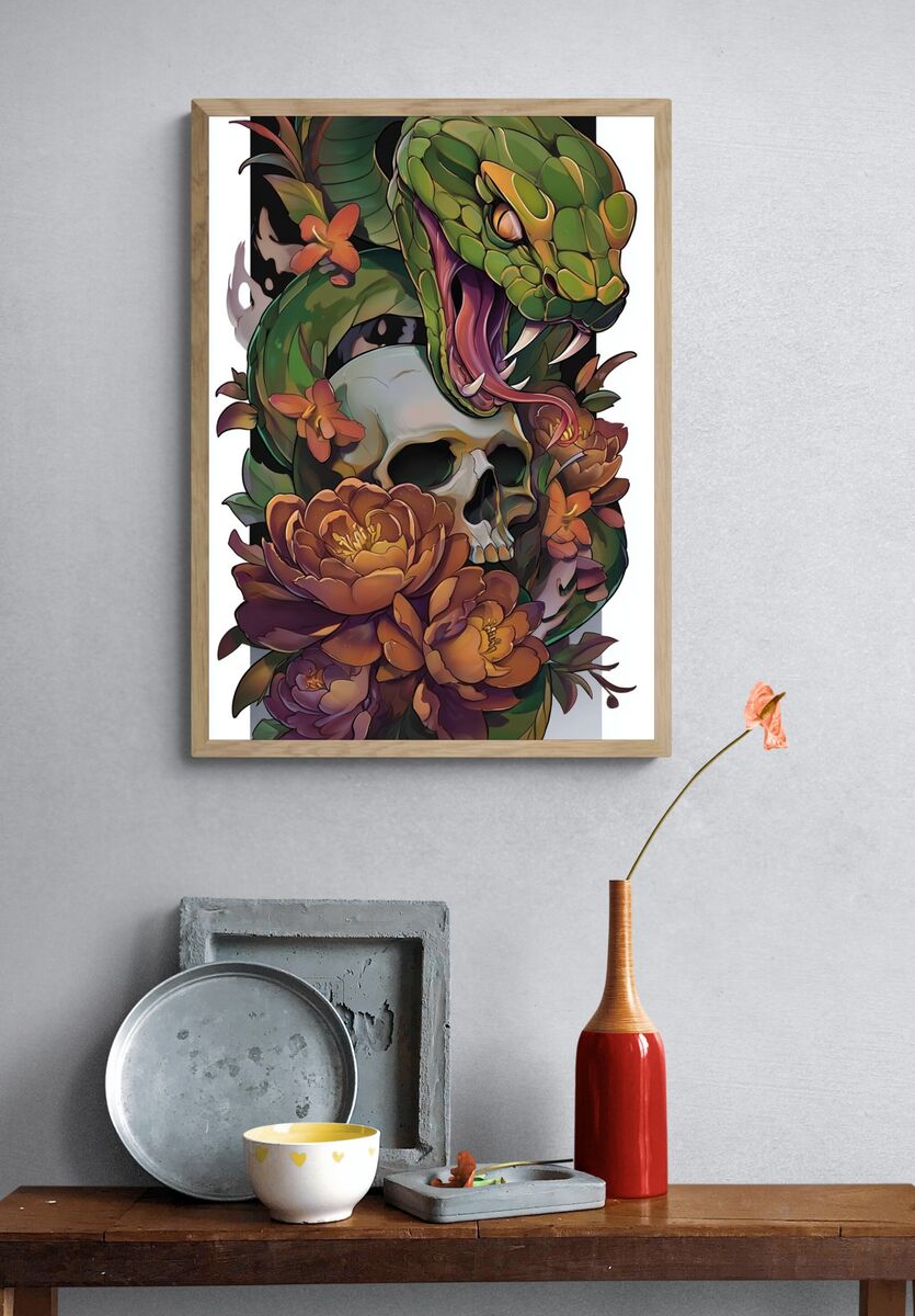 Green Snake and Skull — Digital Art Print. — room view 3