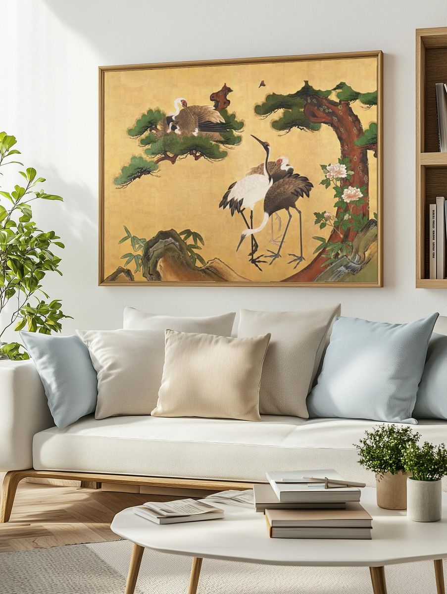Cranes and Pine Trees — Asian Art Print. — room view 2
