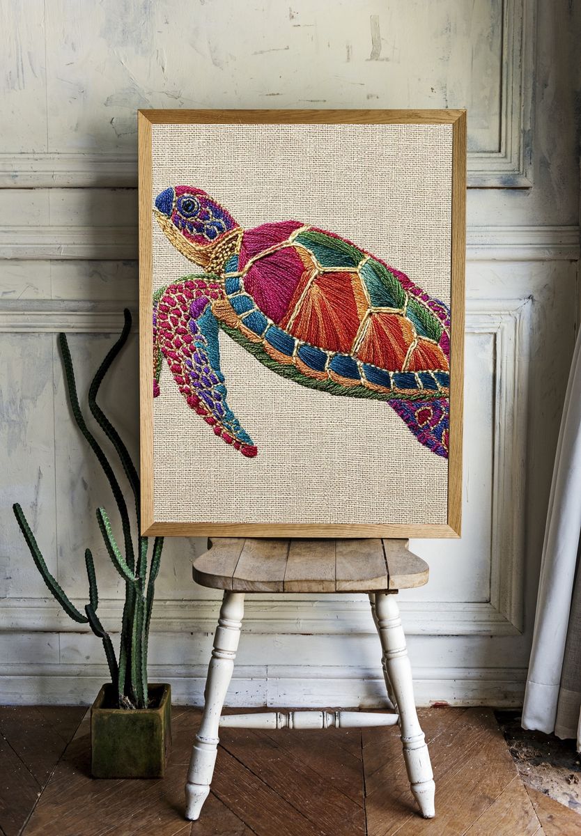 Colorful Sea Turtle Embroidery Poster. — room view 1