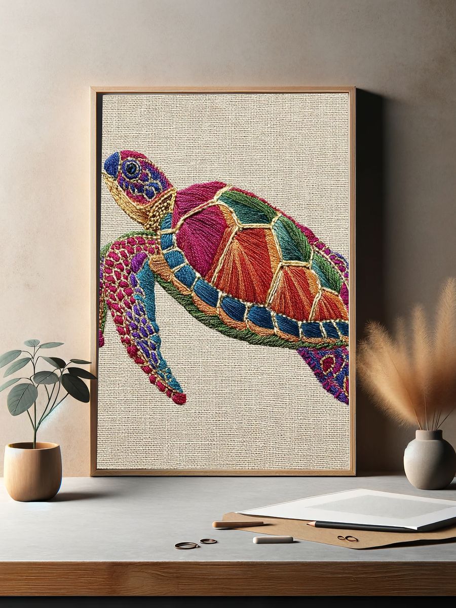 Colorful Sea Turtle Embroidery Poster. — room view 2