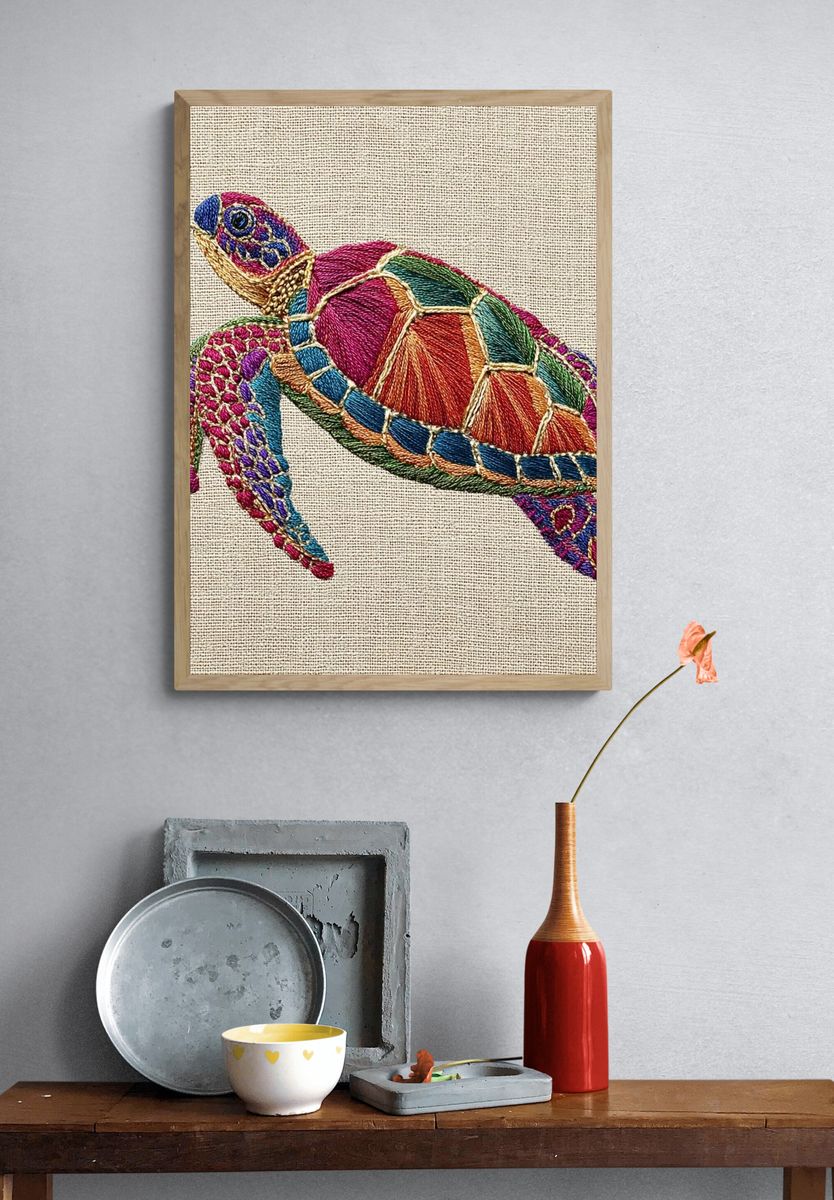 Colorful Sea Turtle Embroidery Poster. — room view 3