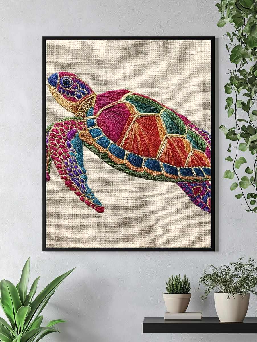 Colorful Sea Turtle Embroidery Poster. — room view 4