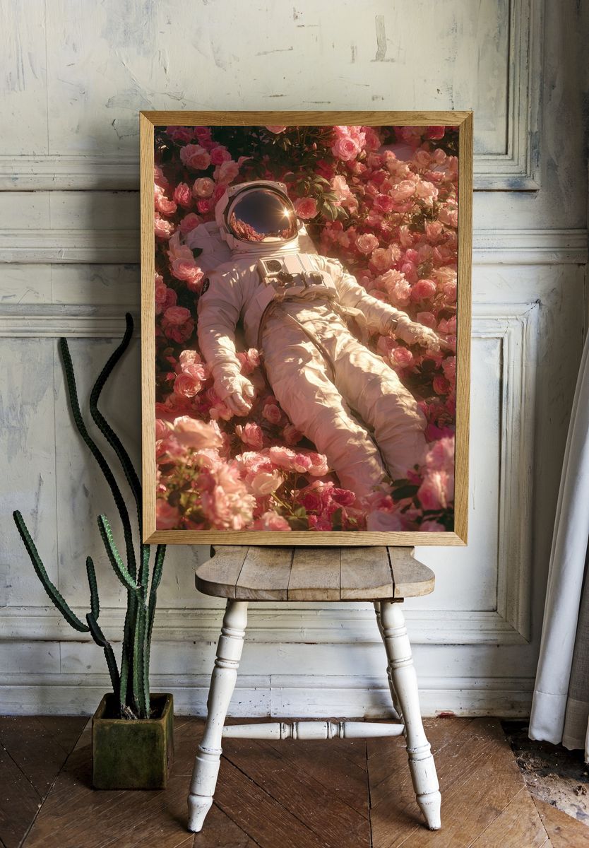 Astronaut in Roses Surrealism Poster. room preview