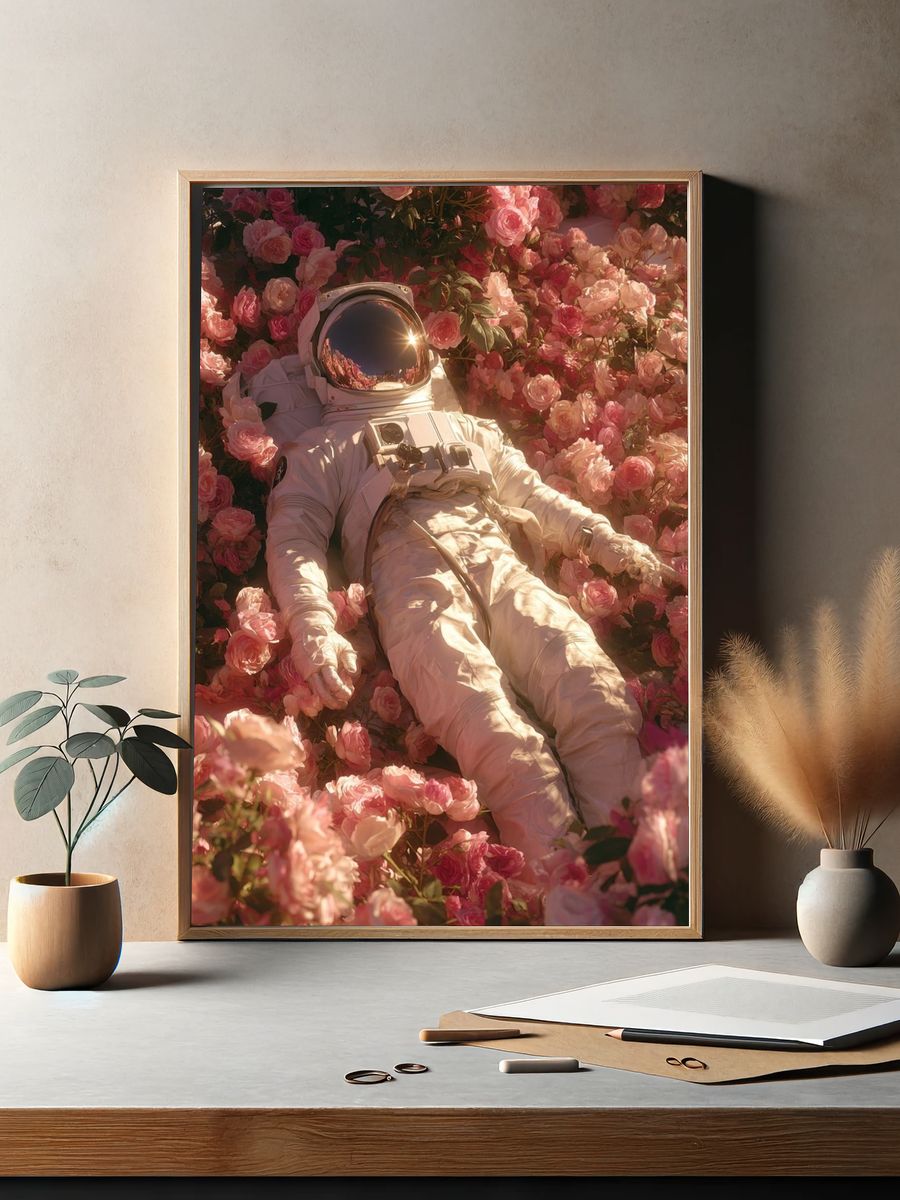 Astronaut in Roses Surrealism Poster. — room view 2