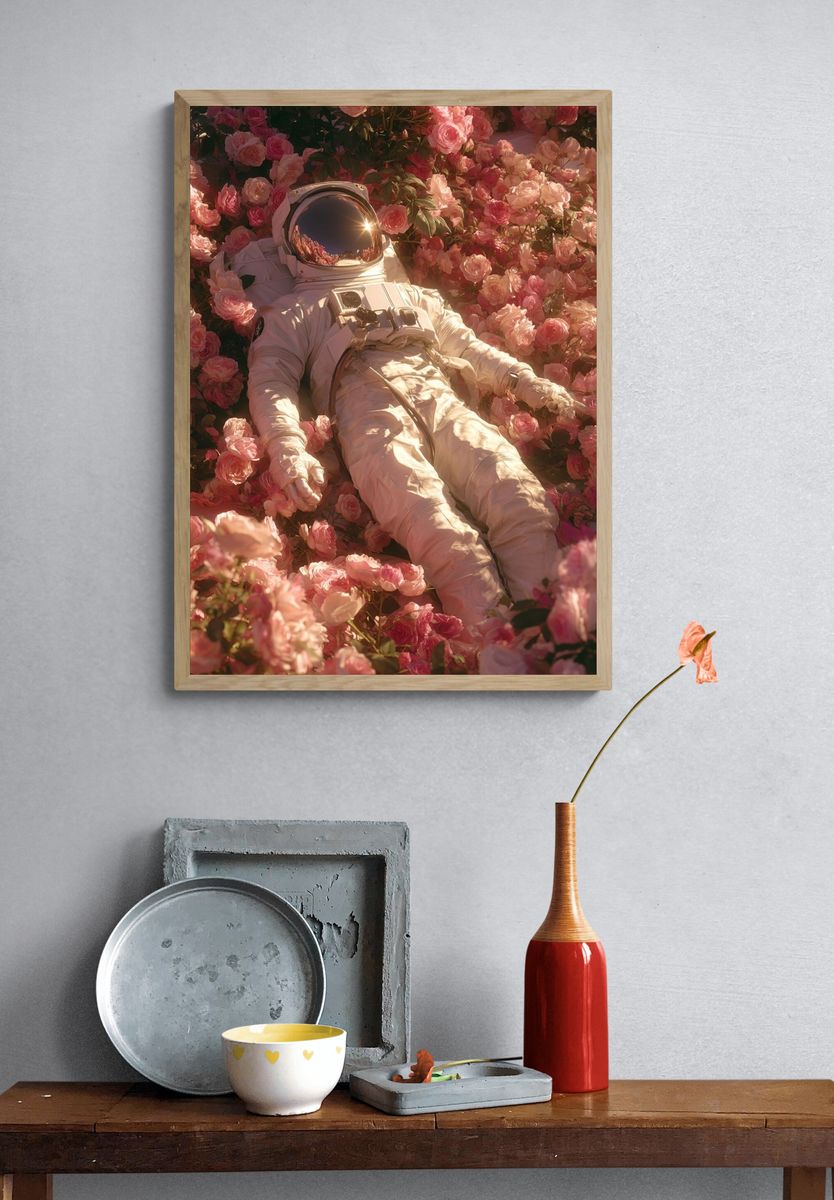 Astronaut in Roses Surrealism Poster. — room view 3