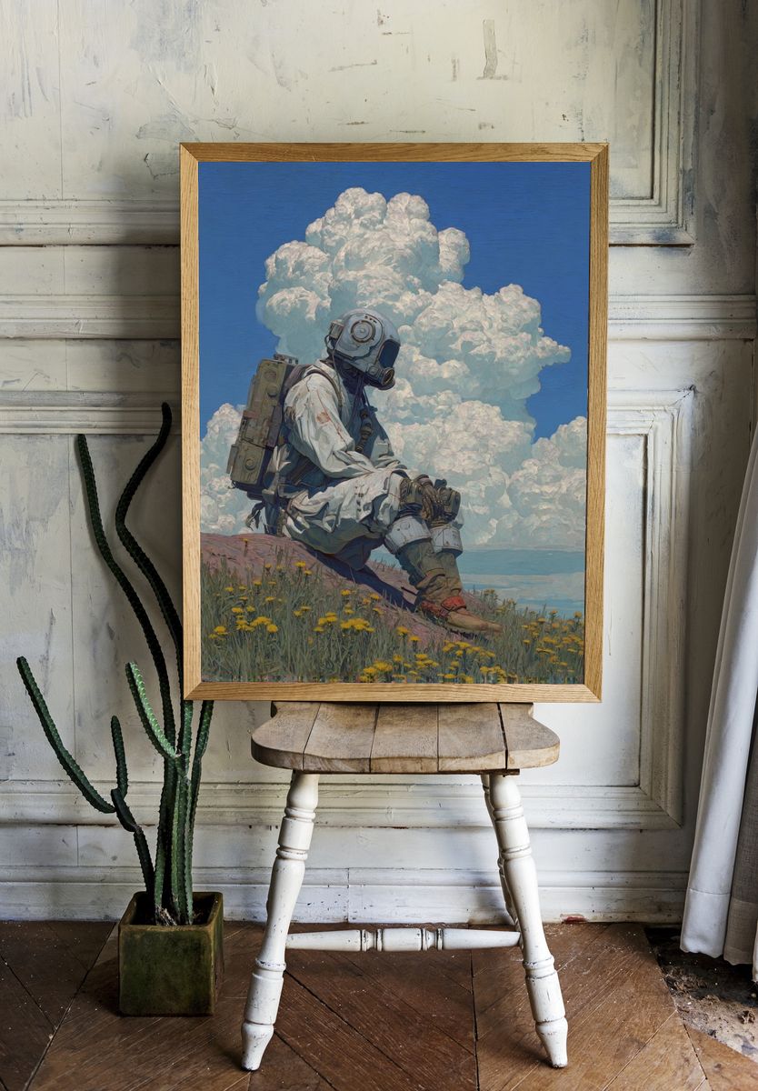 Astronaut in Dandelion Field — Digital Art Print. — room view 1