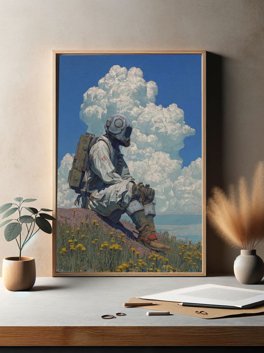 Astronaut in Dandelion Field — Digital Art Print. — room view 2