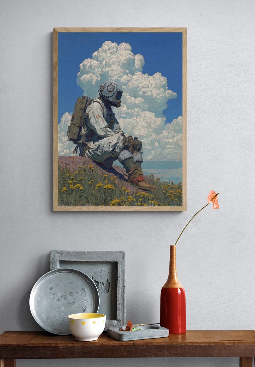 Astronaut in Dandelion Field — Digital Art Print. — room view 3