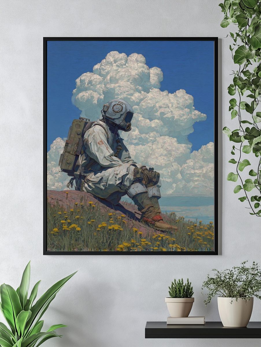 Astronaut in Dandelion Field — Digital Art Print. — room view 4