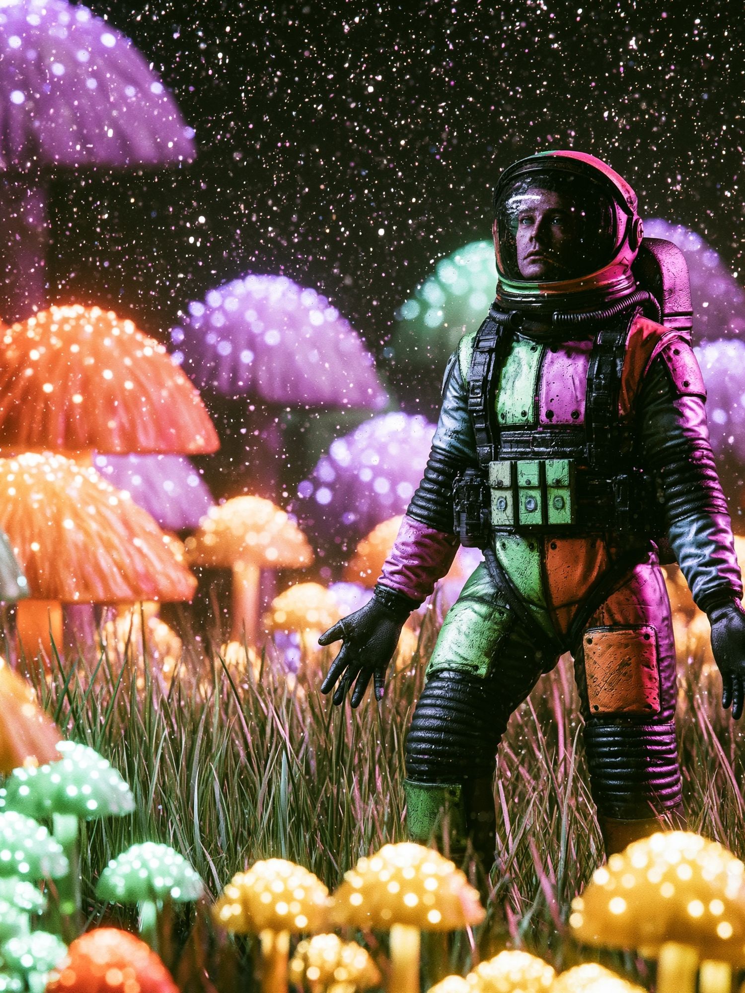 Astronaut in Neon Mushroom Field Poster. poster — illustration art