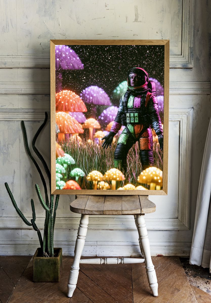 Astronaut in Neon Mushroom Field Poster. room preview