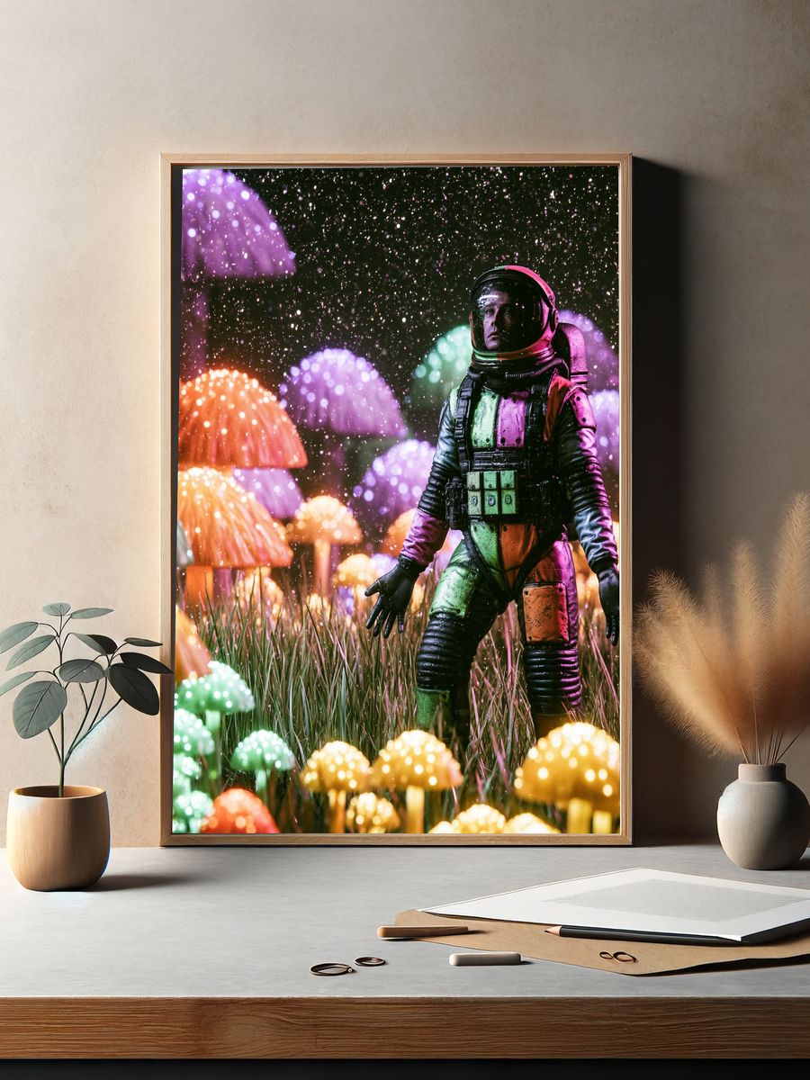 Astronaut in Neon Mushroom Field Poster. — room view 2
