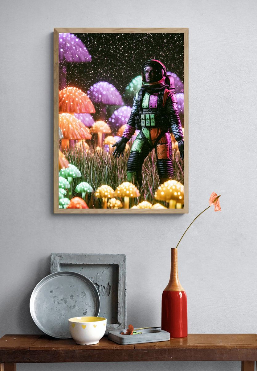 Astronaut in Neon Mushroom Field Poster. — room view 3