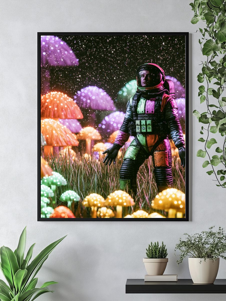 Astronaut in Neon Mushroom Field Poster. — room view 4