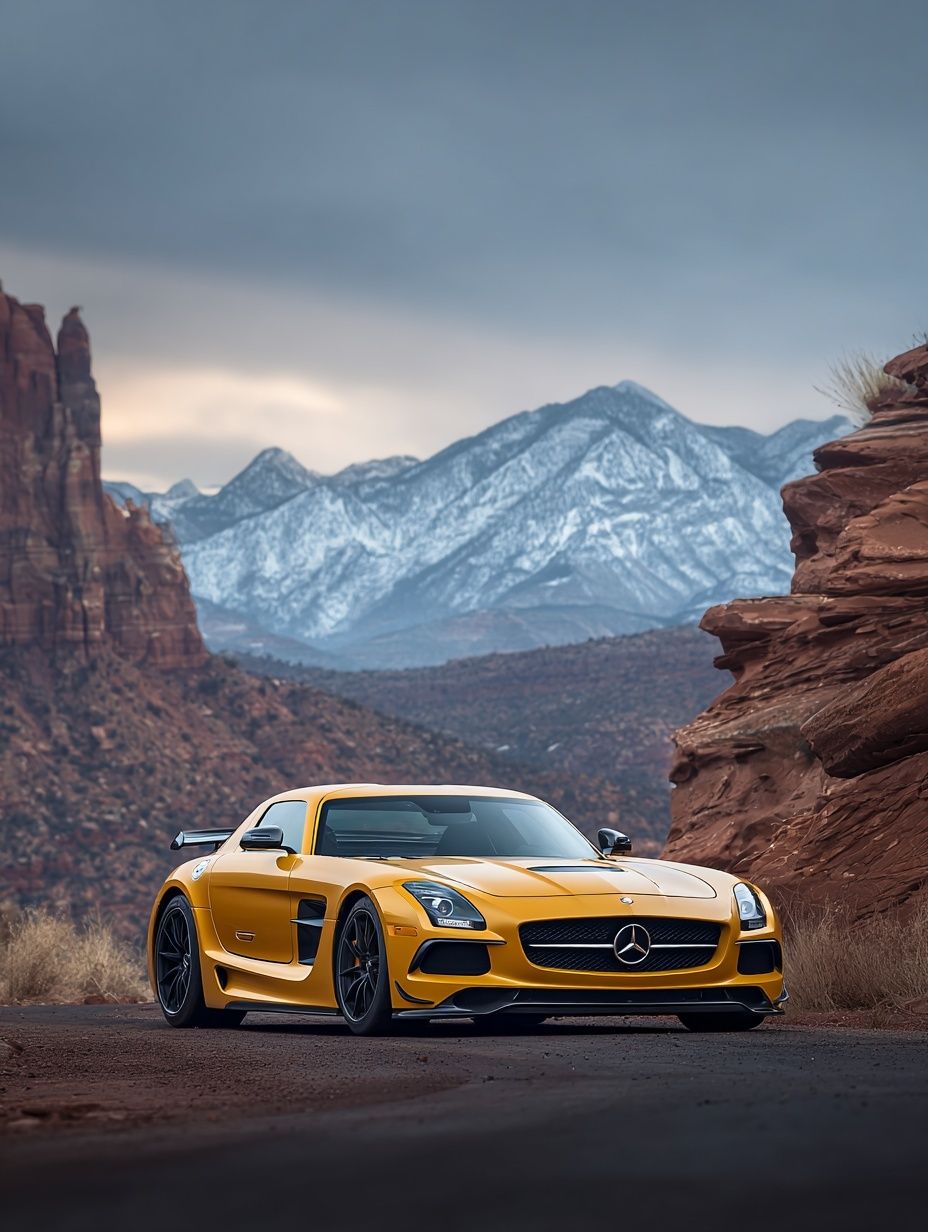 Yellow Sports Car Desert Landscape Poster. poster detail