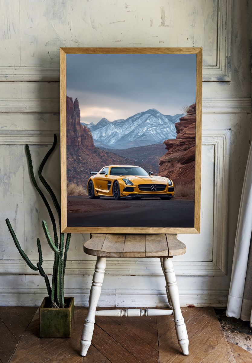 Yellow Sports Car Desert Landscape Poster. room preview