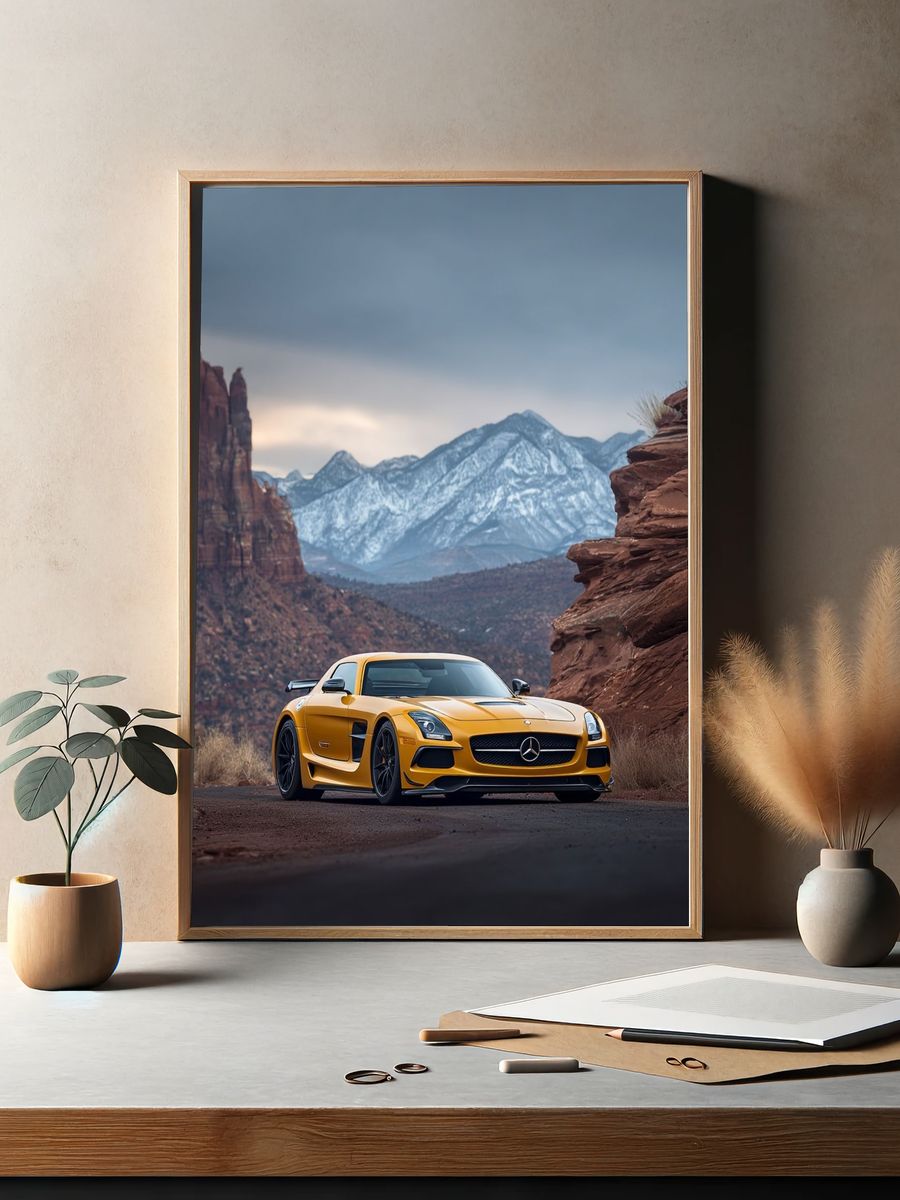 Yellow Sports Car Desert Landscape Poster. — room view 2