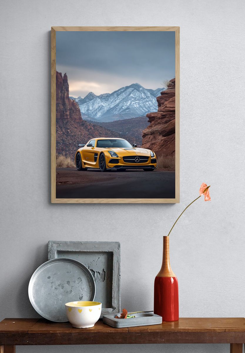 Yellow Sports Car Desert Landscape Poster. — room view 3