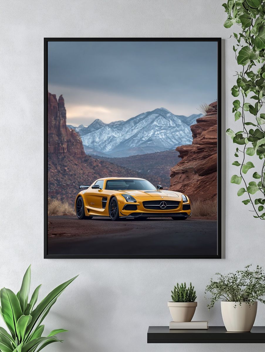 Yellow Sports Car Desert Landscape Poster. — room view 4