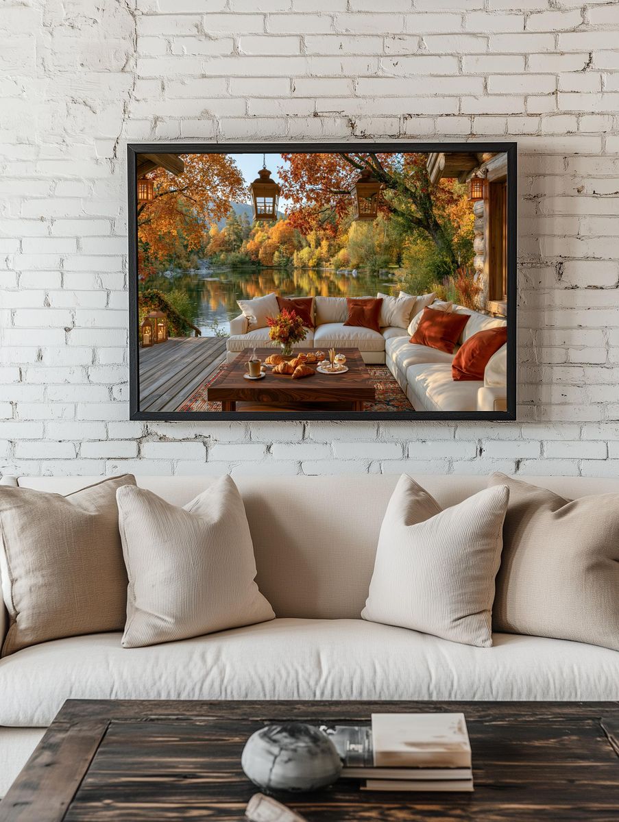 Autumn Lakeside Cabin Photography Poster. — room view 1