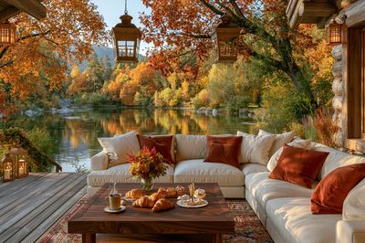 Autumn Lakeside Cabin Photography Poster.