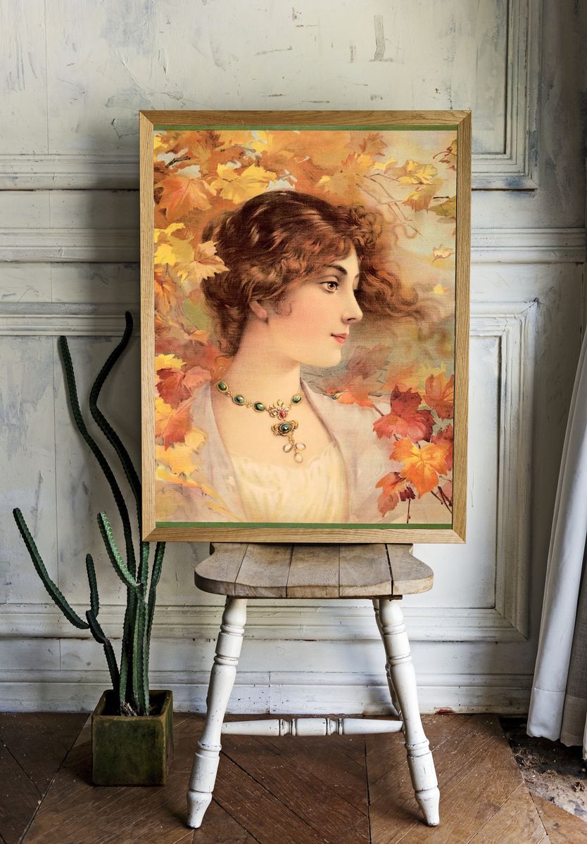 Aesthetic woman Autumn, chromolithograph print. room preview