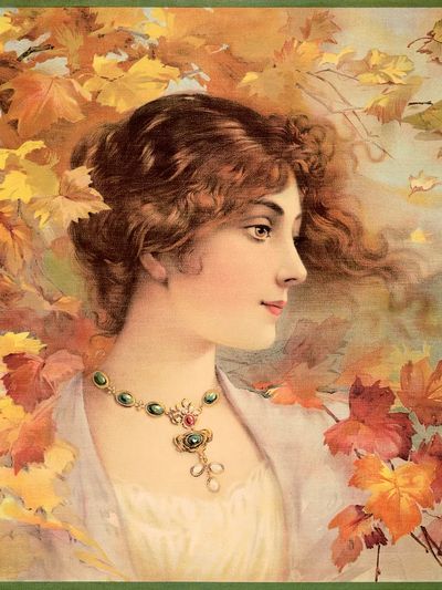 Aesthetic woman Autumn, chromolithograph print.
