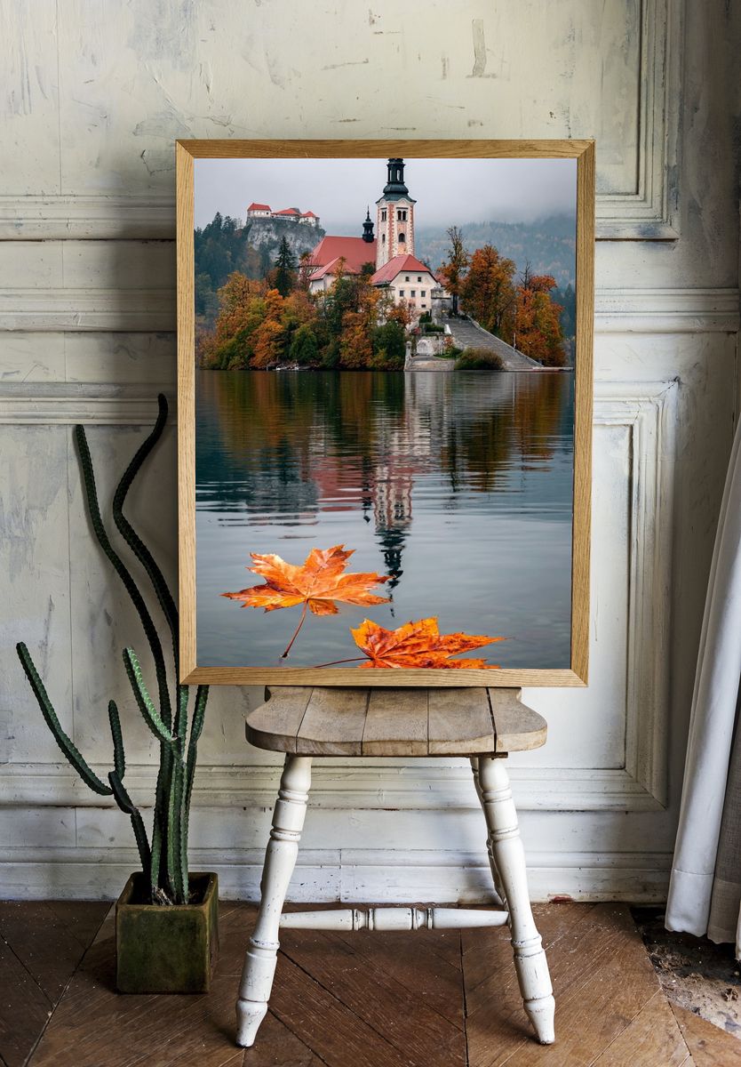 Autumn Lake Church Photography Poster. — room view 1