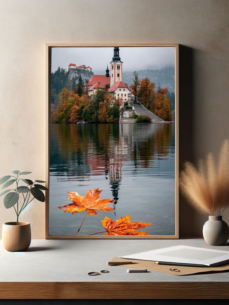 Autumn Lake Church Photography Poster. — room view 2