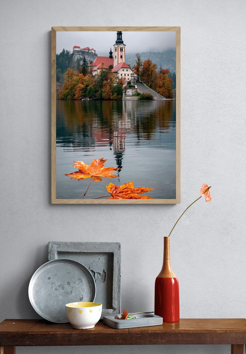 Autumn Lake Church Photography Poster. — room view 3