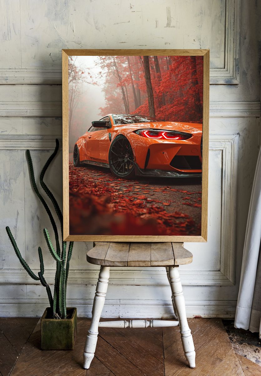 Orange Sports Car Autumn Forest Poster. room preview