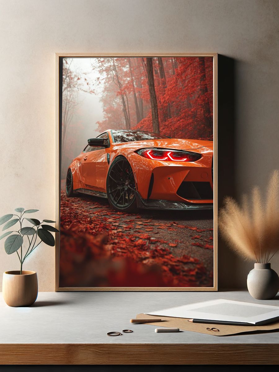 Orange Sports Car Autumn Forest Poster. — room view 2