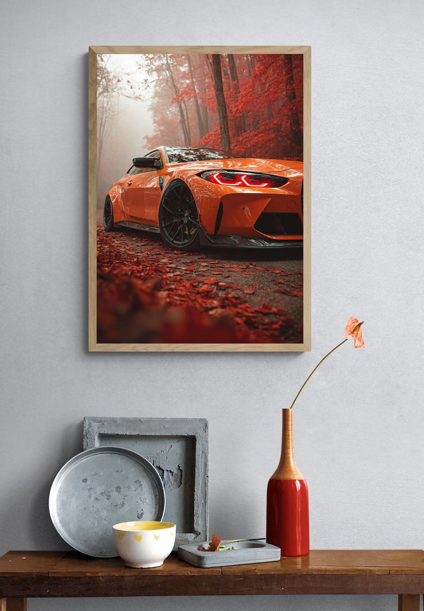 Orange Sports Car Autumn Forest Poster. — room view 3