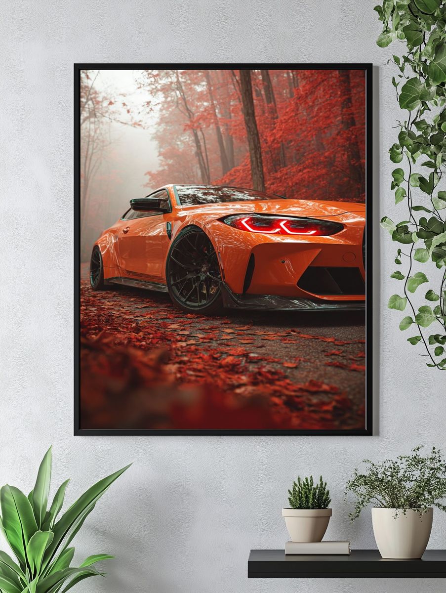 Orange Sports Car Autumn Forest Poster. — room view 4