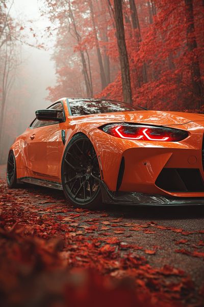 Orange Sports Car Autumn Forest Poster. poster
