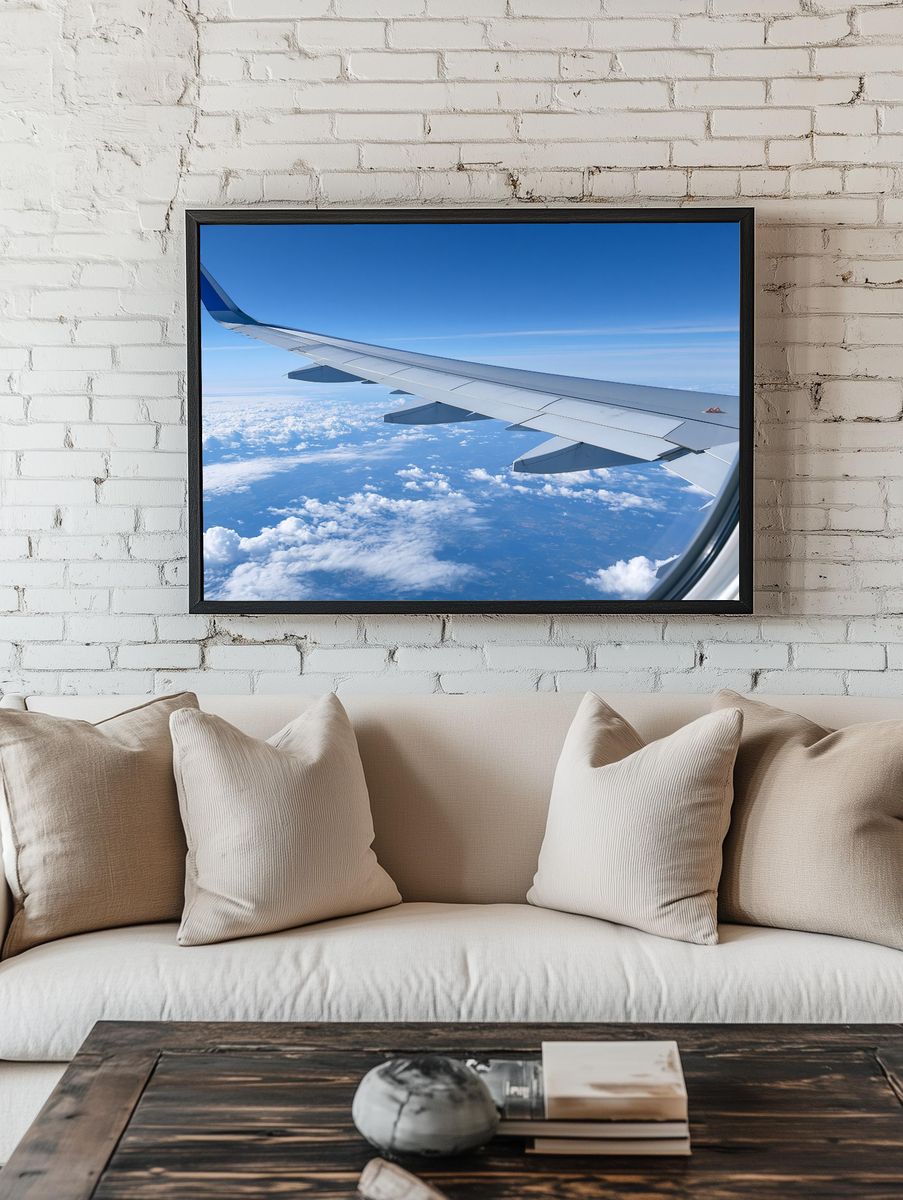 Airplane Wing Above Clouds Photography Poster. — room view 1
