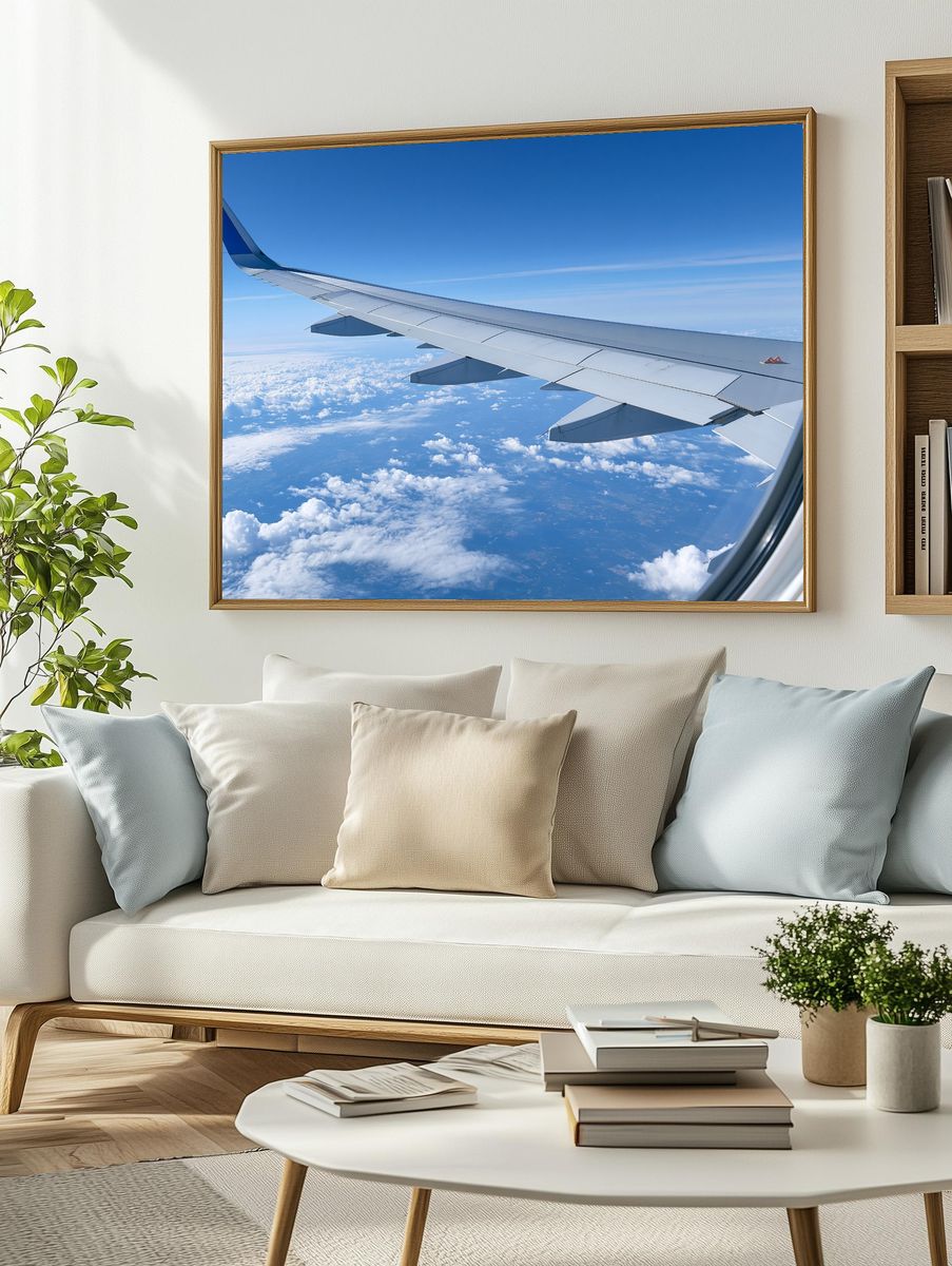 Airplane Wing Above Clouds Photography Poster. — room view 2